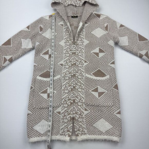 ZEVA Beige White Geometric Hooded Cardigan Sweater Coat Zip Front Pockets L - Picture 8 of 9